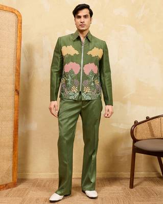 Green velvet multi thread & sequence embroidered wok jacket with unstitched pant 1