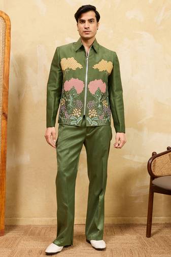Green velvet multi thread & sequence embroidered wok jacket with unstitched pant