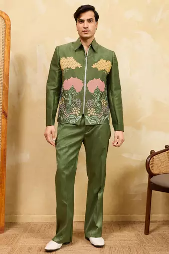 Green velvet multi thread & sequence embroidered wok jacket with unstitched pant