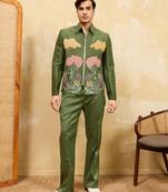 Green velvet multi thread & sequence embroidered wok jacket with unstitched pant