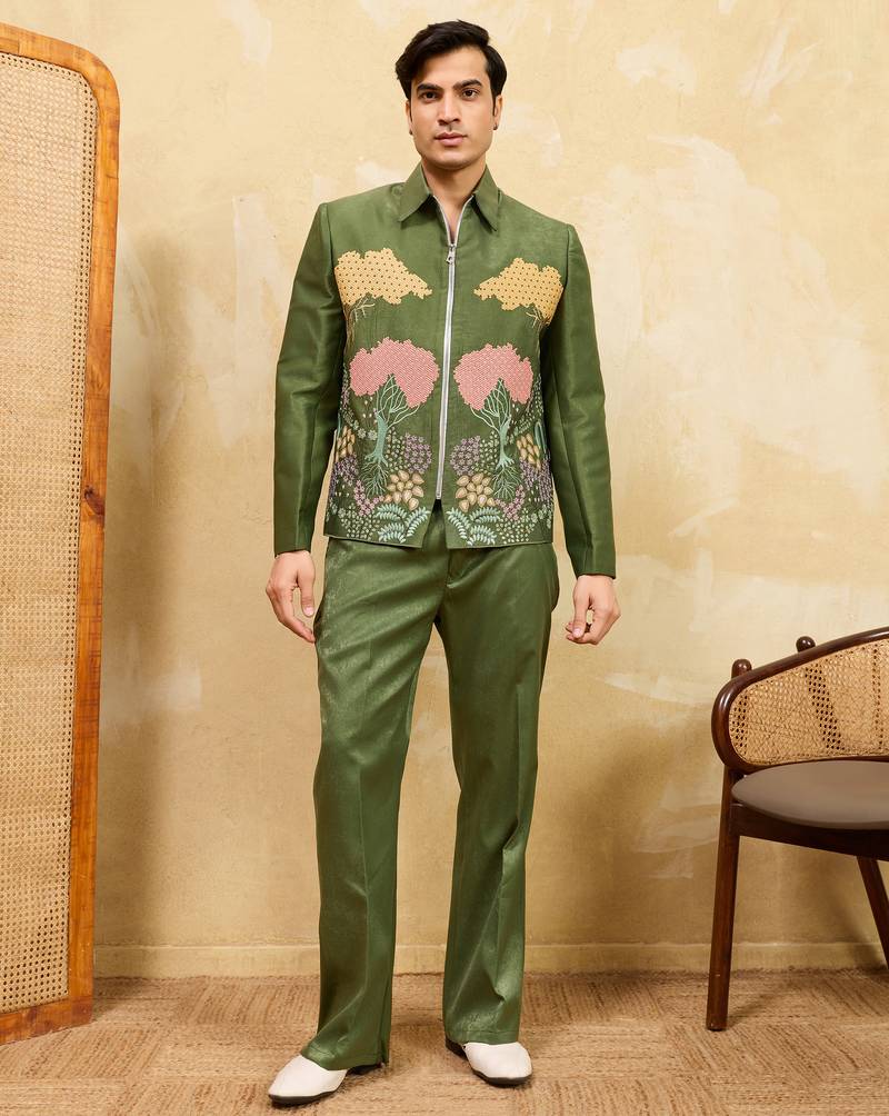 Green velvet multi thread & sequence embroidered wok jacket with unstitched pant