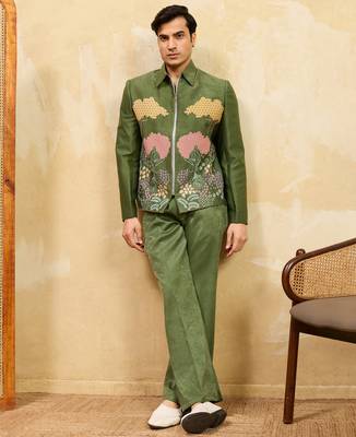 Green velvet multi thread & sequence embroidered wok jacket with unstitched pant 2