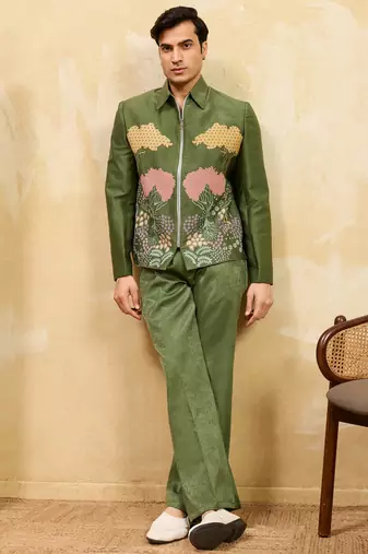 Green velvet multi thread & sequence embroidered wok jacket with unstitched pant