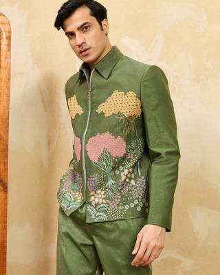 Green velvet multi thread & sequence embroidered wok jacket with unstitched pant 3