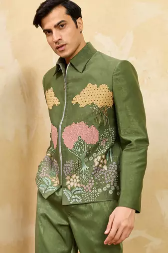 Green velvet multi thread & sequence embroidered wok jacket with unstitched pant