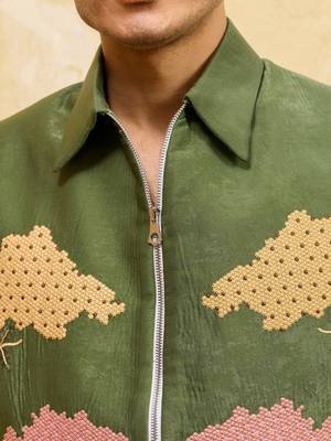 Green velvet multi thread & sequence embroidered wok jacket with unstitched pant 5