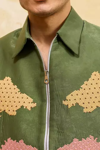Green velvet multi thread & sequence embroidered wok jacket with unstitched pant