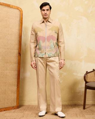 Beige velvet multi thread & sequence embroidered wok jacket with unstitched pant 1