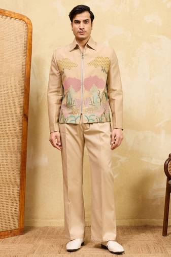Beige velvet multi thread & sequence embroidered wok jacket with unstitched pant