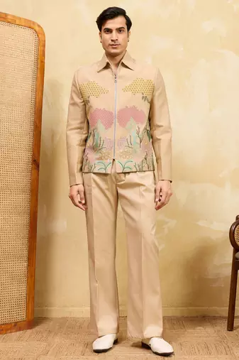 Beige velvet multi thread & sequence embroidered wok jacket with unstitched pant