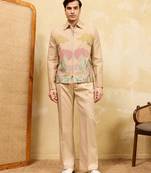 Beige velvet multi thread & sequence embroidered wok jacket with unstitched pant