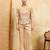 Beige velvet multi thread & sequence embroidered wok jacket with unstitched pant