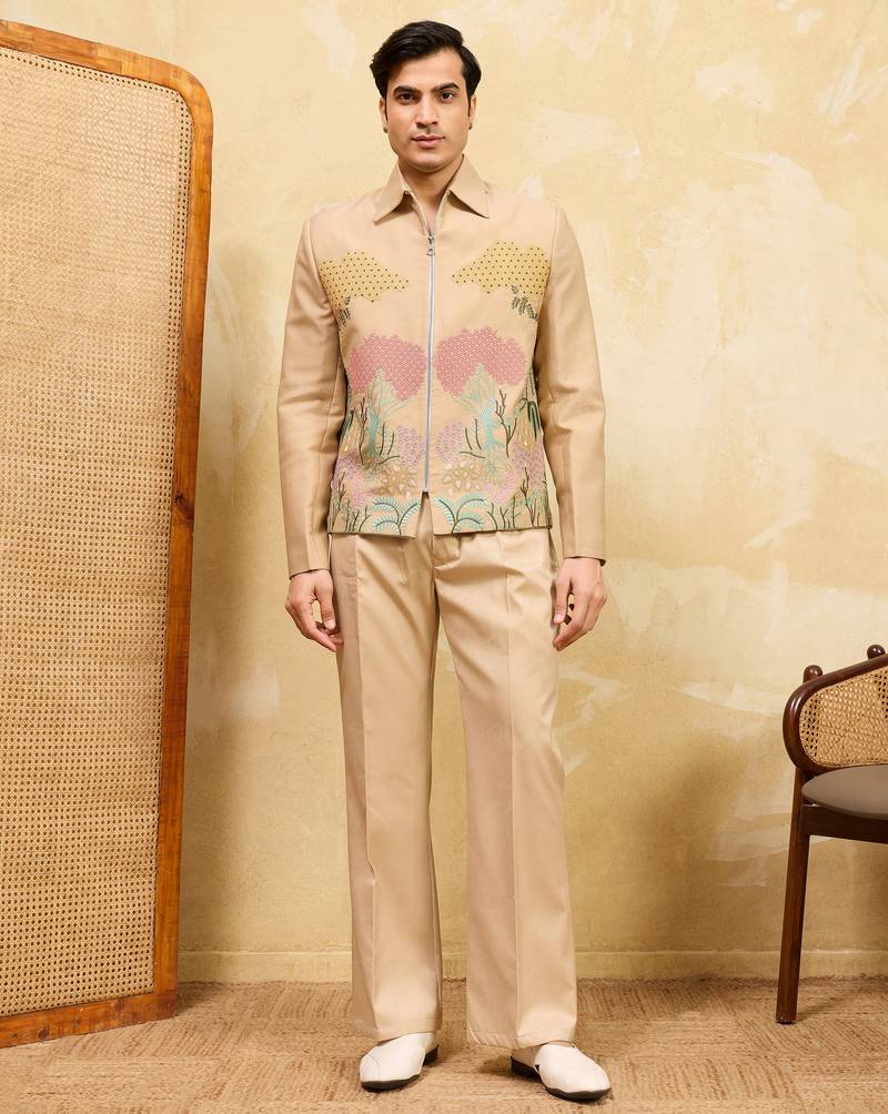 Beige velvet multi thread & sequence embroidered wok jacket with unstitched pant