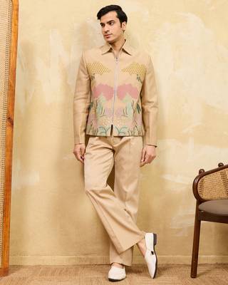 Beige velvet multi thread & sequence embroidered wok jacket with unstitched pant 2