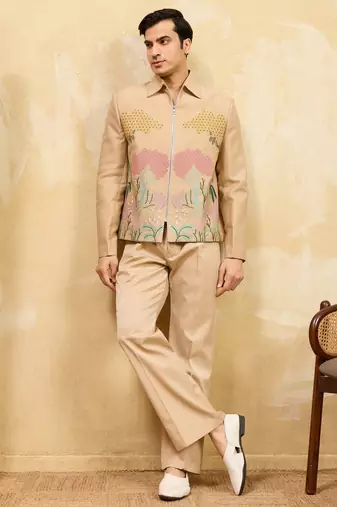 Beige velvet multi thread & sequence embroidered wok jacket with unstitched pant
