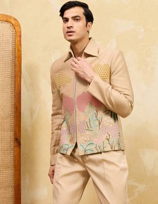 Beige velvet multi thread & sequence embroidered wok jacket with unstitched pant 3