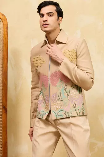 Beige velvet multi thread & sequence embroidered wok jacket with unstitched pant