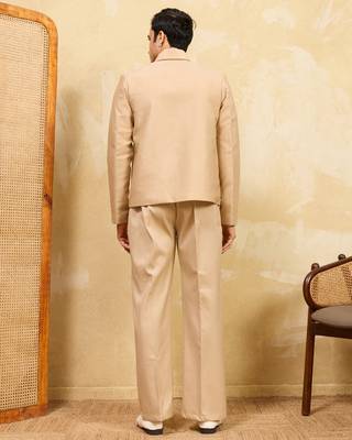 Beige velvet multi thread & sequence embroidered wok jacket with unstitched pant 4