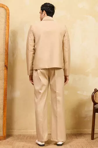 Beige velvet multi thread & sequence embroidered wok jacket with unstitched pant