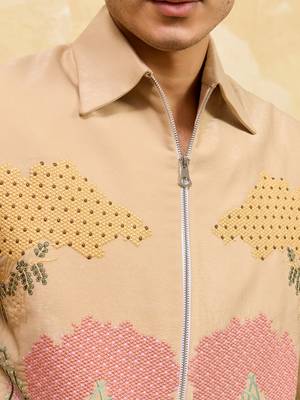 Beige velvet multi thread & sequence embroidered wok jacket with unstitched pant 5