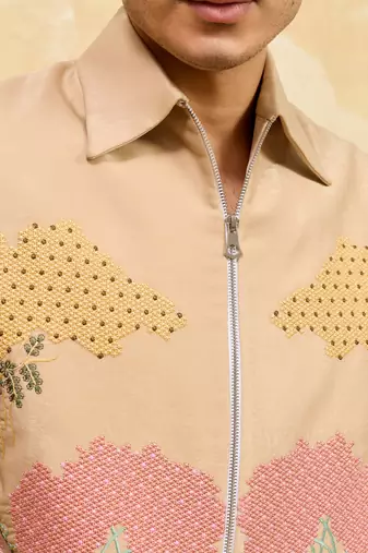 Beige velvet multi thread & sequence embroidered wok jacket with unstitched pant