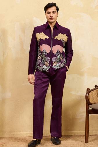 Purple velvet multi thread & sequence embroidered wok jacket with unstitched pant