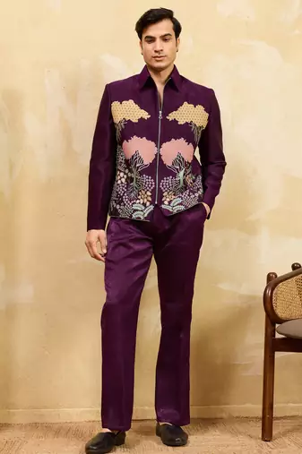 Purple velvet multi thread & sequence embroidered wok jacket with unstitched pant