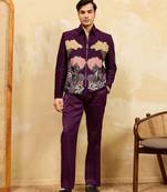 Purple velvet multi thread & sequence embroidered wok jacket with unstitched pant
