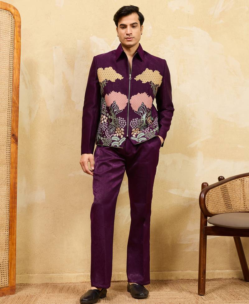 Purple velvet multi thread & sequence embroidered wok jacket with unstitched pant