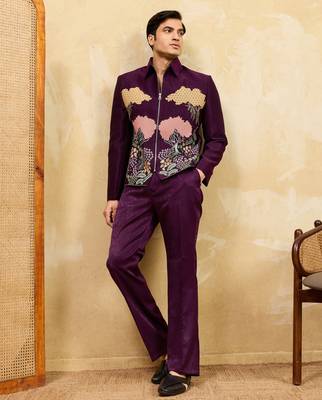 Purple velvet multi thread & sequence embroidered wok jacket with unstitched pant 2