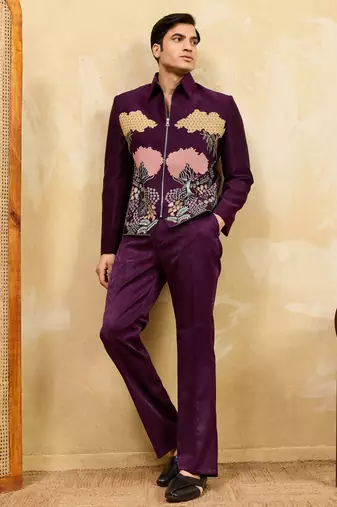 Purple velvet multi thread & sequence embroidered wok jacket with unstitched pant