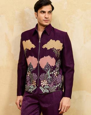 Purple velvet multi thread & sequence embroidered wok jacket with unstitched pant 3