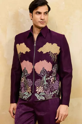 Purple velvet multi thread & sequence embroidered wok jacket with unstitched pant