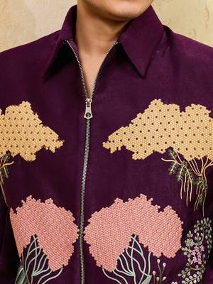 Purple velvet multi thread & sequence embroidered wok jacket with unstitched pant 5