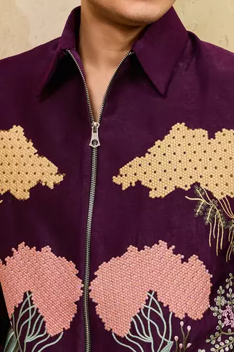 Purple velvet multi thread & sequence embroidered wok jacket with unstitched pant