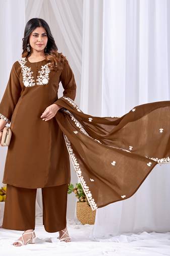 Brown embroidered mul kurta palazzo dupatta set