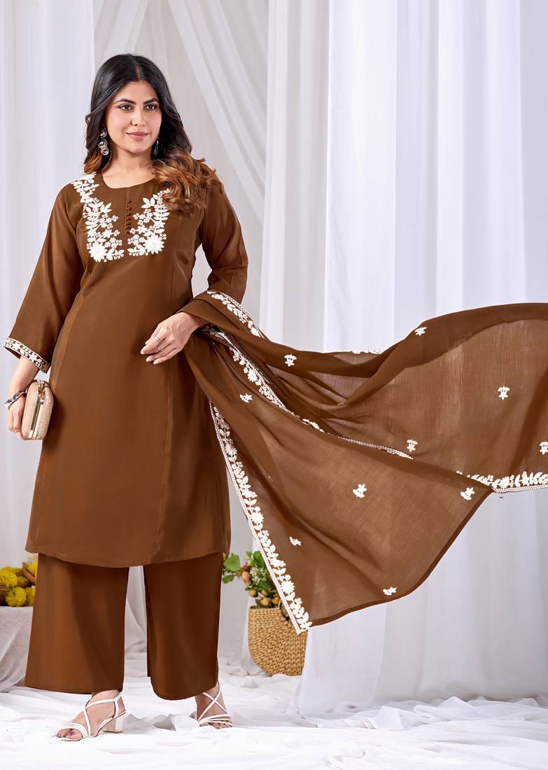 Brown embroidered mul kurta palazzo dupatta set