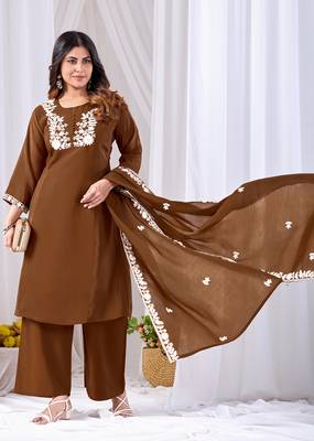 Brown embroidered mul kurta palazzo dupatta set 1