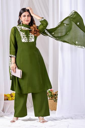 Olive green embroidered mul kurta palazzo dupatta set