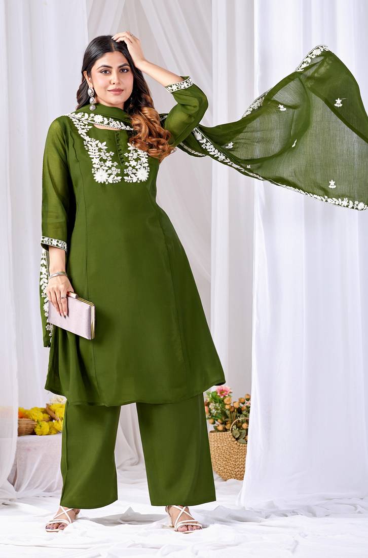 Olive green embroidered mul kurta palazzo dupatta set