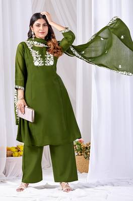 Olive green embroidered mul kurta palazzo dupatta set 1