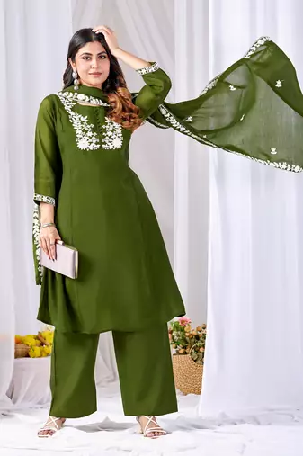 Olive green embroidered mul kurta palazzo dupatta set