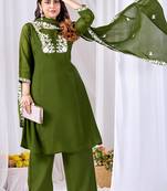 Olive green embroidered mul kurta palazzo dupatta set
