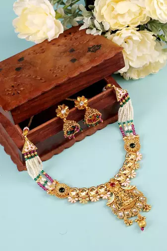   Gold plated traditional temple necklace jewellery with earrings set for wo ::Girls 