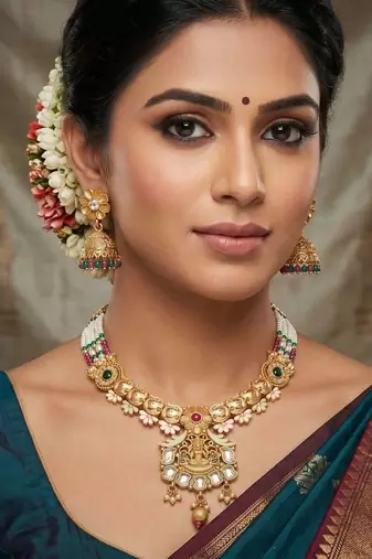   Gold plated traditional temple necklace jewellery with earrings set for wo ::Girls 