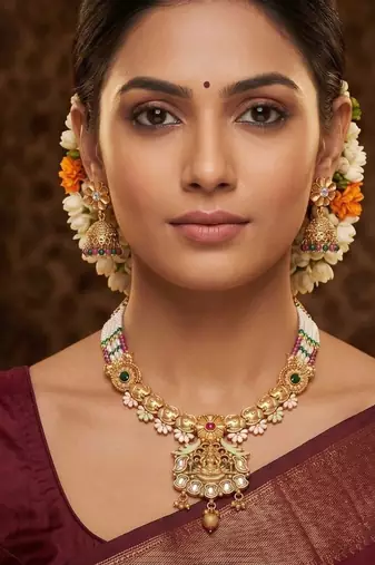   Gold plated traditional temple necklace jewellery with earrings set for wo ::Girls 