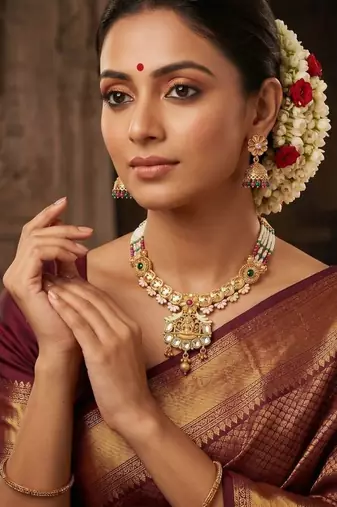   Gold plated traditional temple necklace jewellery with earrings set for wo ::Girls 