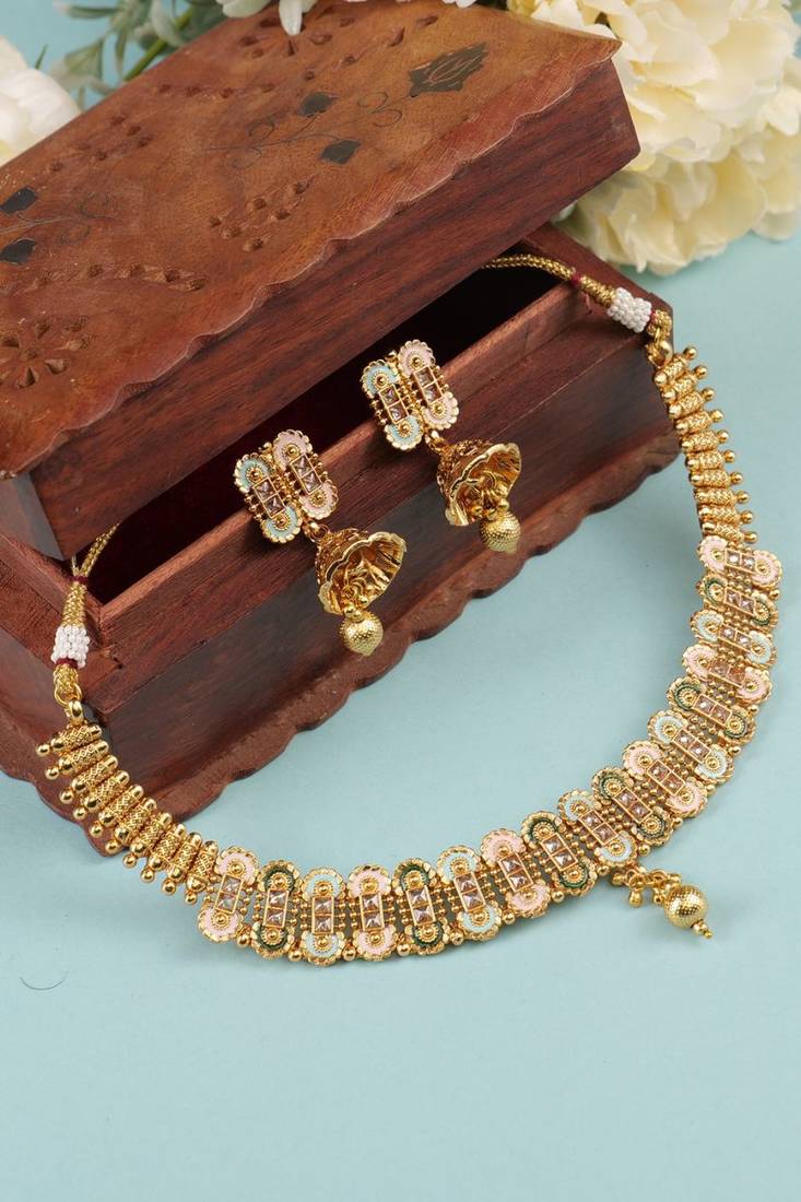   Gold plated traditional temple choker necklace jewellery with earrings set for wo ::Girls