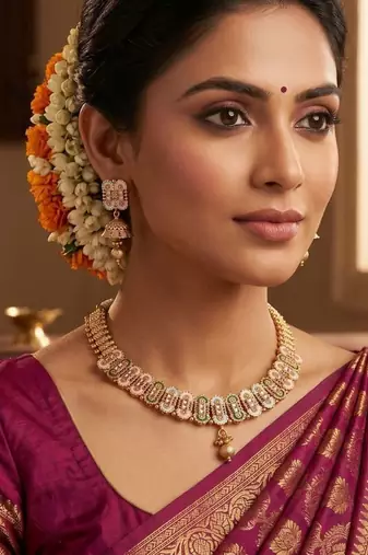   Gold plated traditional temple choker necklace jewellery with earrings set for wo ::Girls