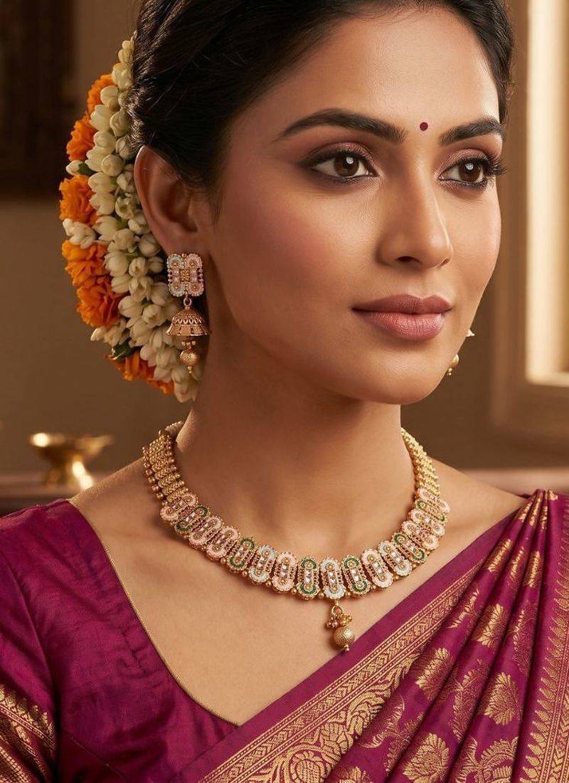   Gold plated traditional temple choker necklace jewellery with earrings set for wo ::Girls